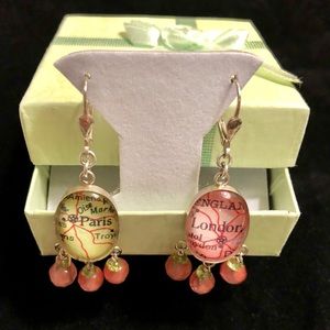 sterling silver Paris & London map dangle earrings